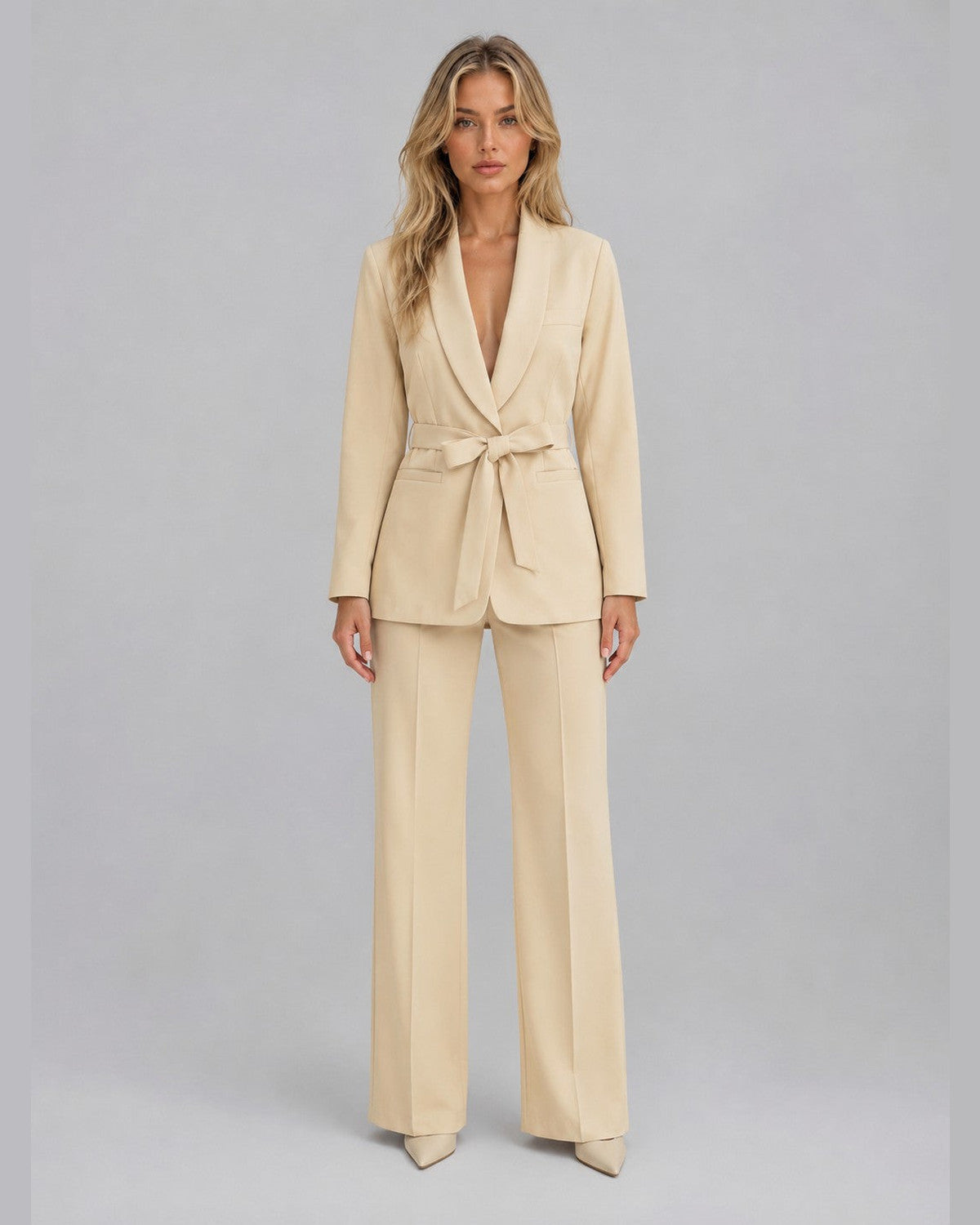 Hazel Belted Two Piece Set for Women - Blazer Wide-Leg Trouser Summer Set - Beige