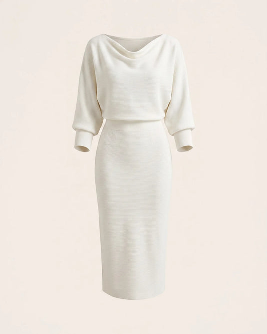 Faustine Draped Cowl Neck Midi Dress — front clean