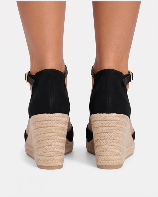 Ditte Closed-Toe Sandals for Women - Jute Wedge Ankle Summer Sandals - Black — back view