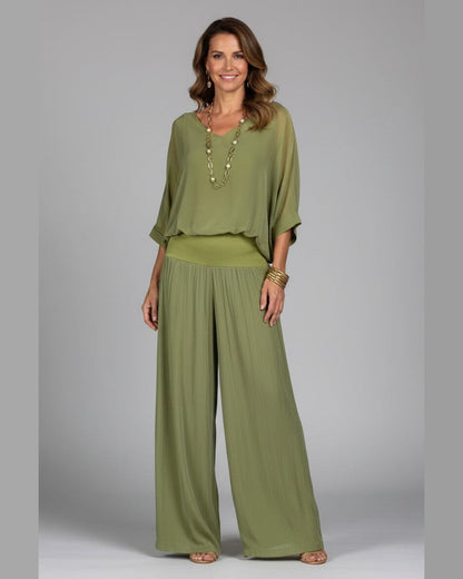 Adeline Draped Wide-Leg Two Piece Set for Women - Summer Set - Green
