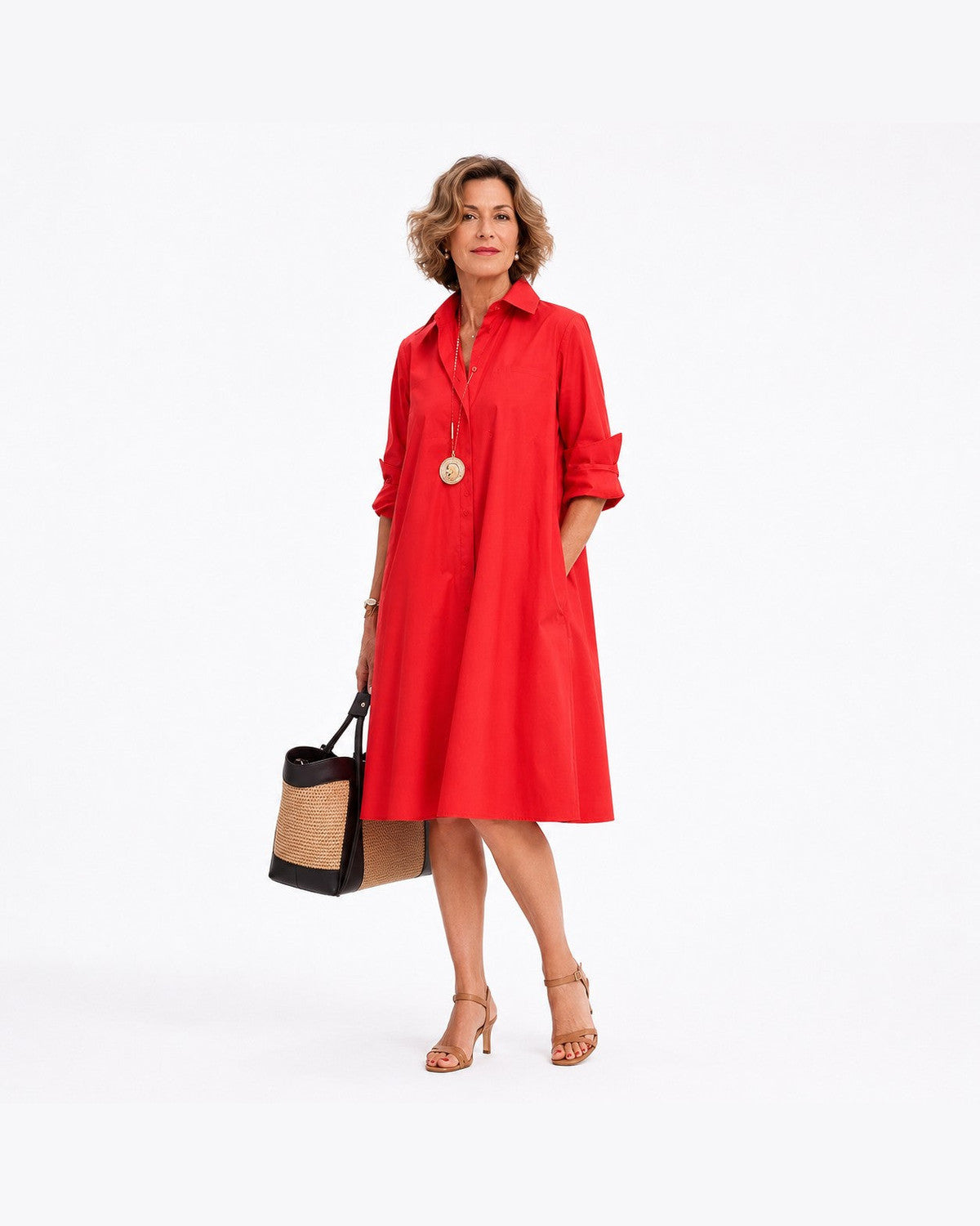 Agathe Belted Midi Dress for Women - Button-Front Flowing Shirt Summer Dress - Red