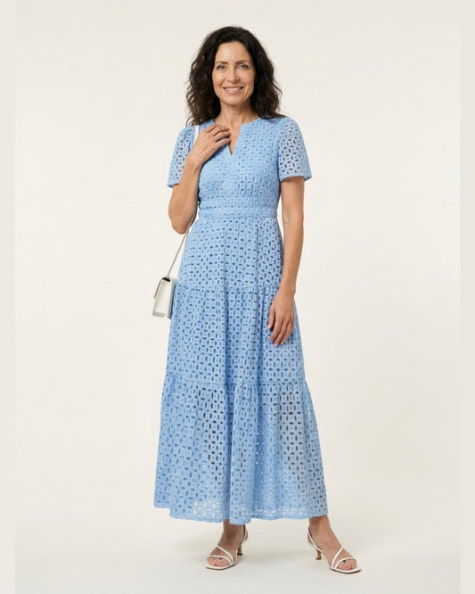 Brielle Eyelet Short Sleeve Maxi Dress for Women - Tiered Summer Dress - Sky Blue