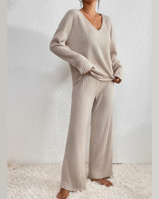 Callie Ribbed Lounge Two Piece Set for Women - Wide Leg Knit Pants Summer Set - Beige