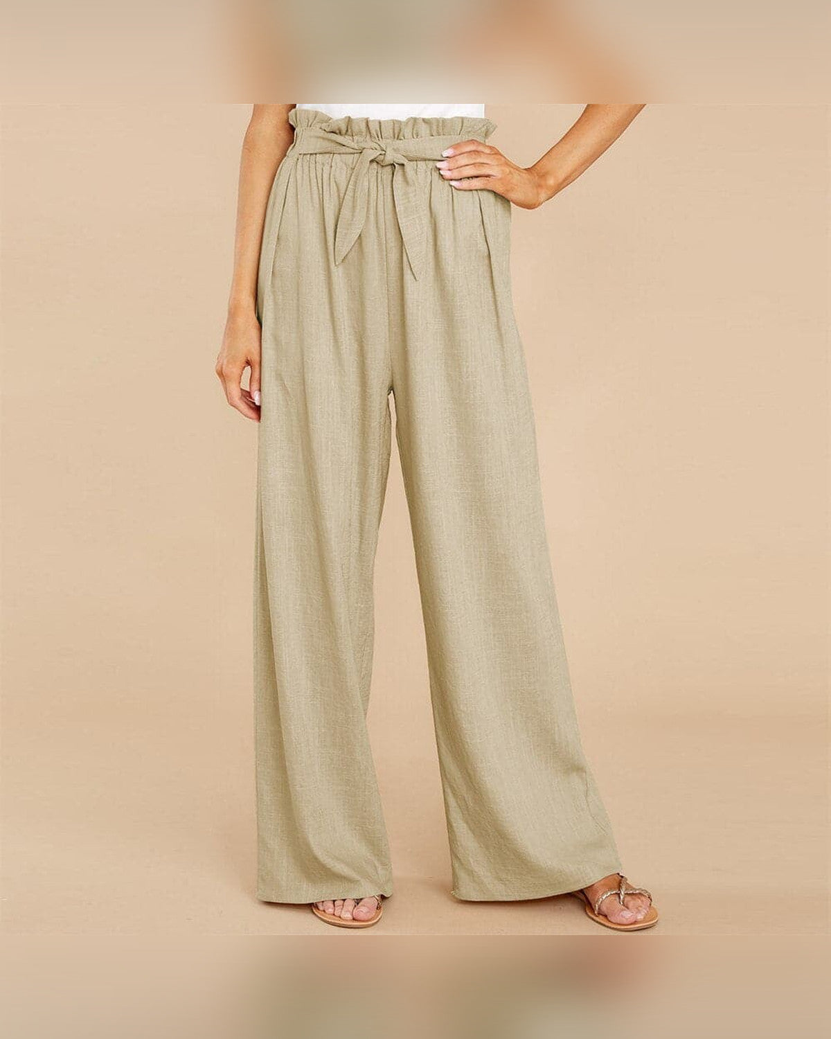 Celeste High Waisted Wide Leg Pants for Women - Belted Linen-Look Summer Pants - Khaki