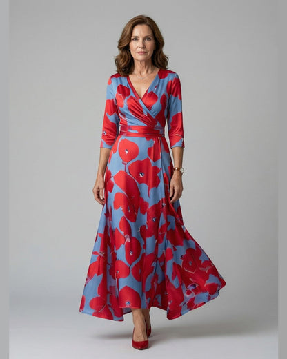 Celine Cross Wrap V-Neck Maxi Dress for Women - Three-Quarter Sleeve Summer Dress - Red
