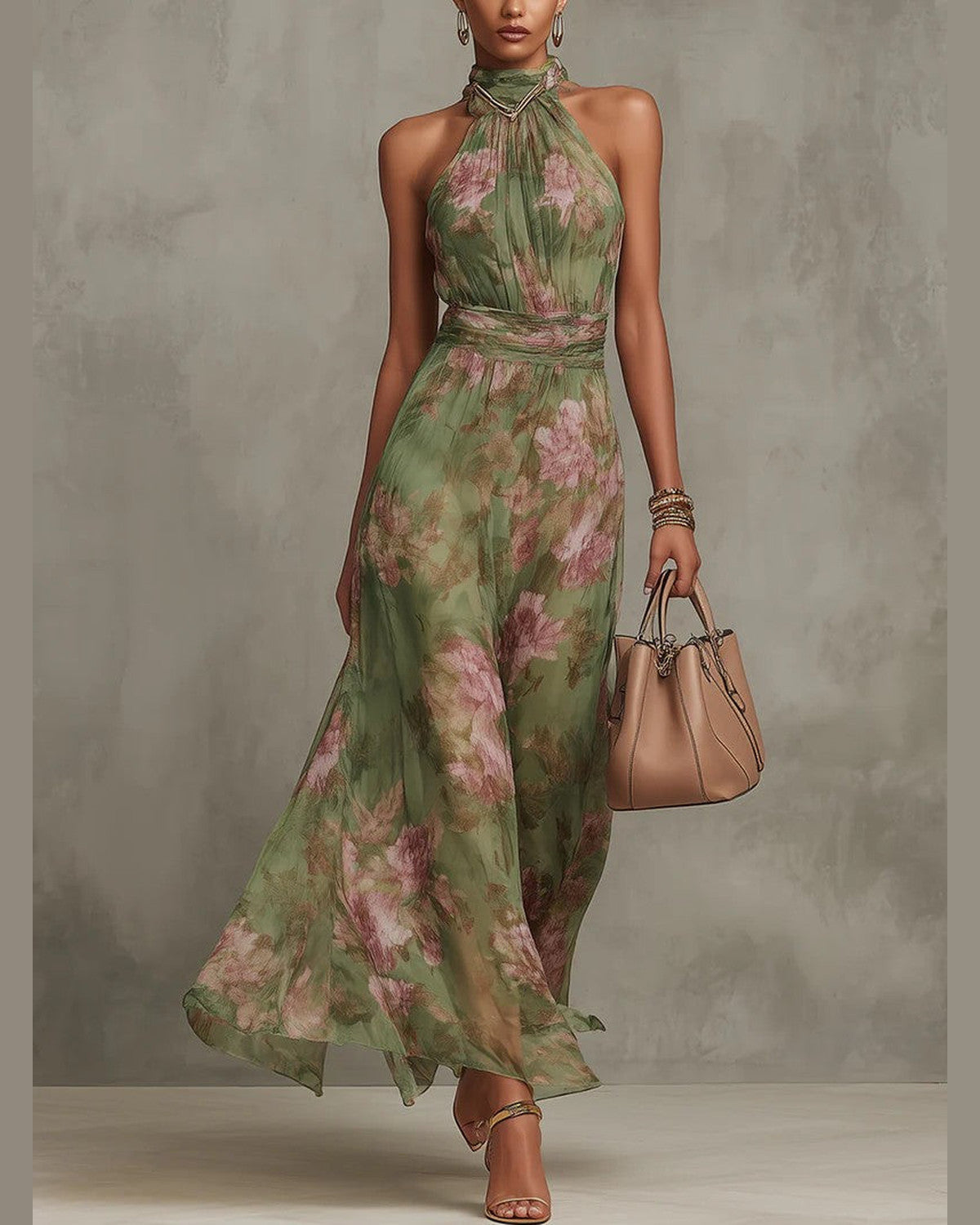 Chloe Halter Neck Maxi Dress for Women - Floral Summer Dress - Green