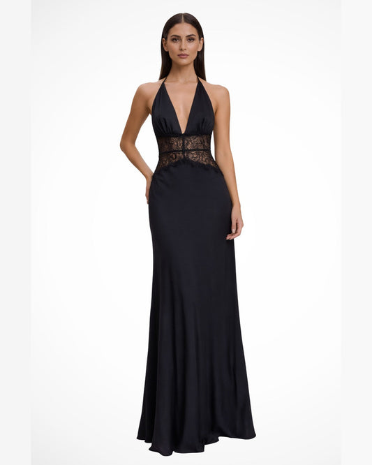 Florence Halter Neck Maxi Dress for Women - Backless Lace Waistband Summer Dress - Black