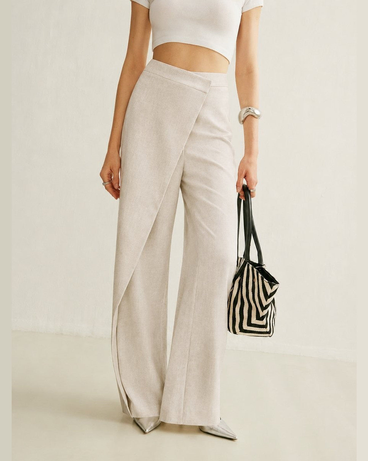 Harriet High-Waist Asymmetric Wide Leg Pants for Women - Wrap Trousers Summer Pants - Beige