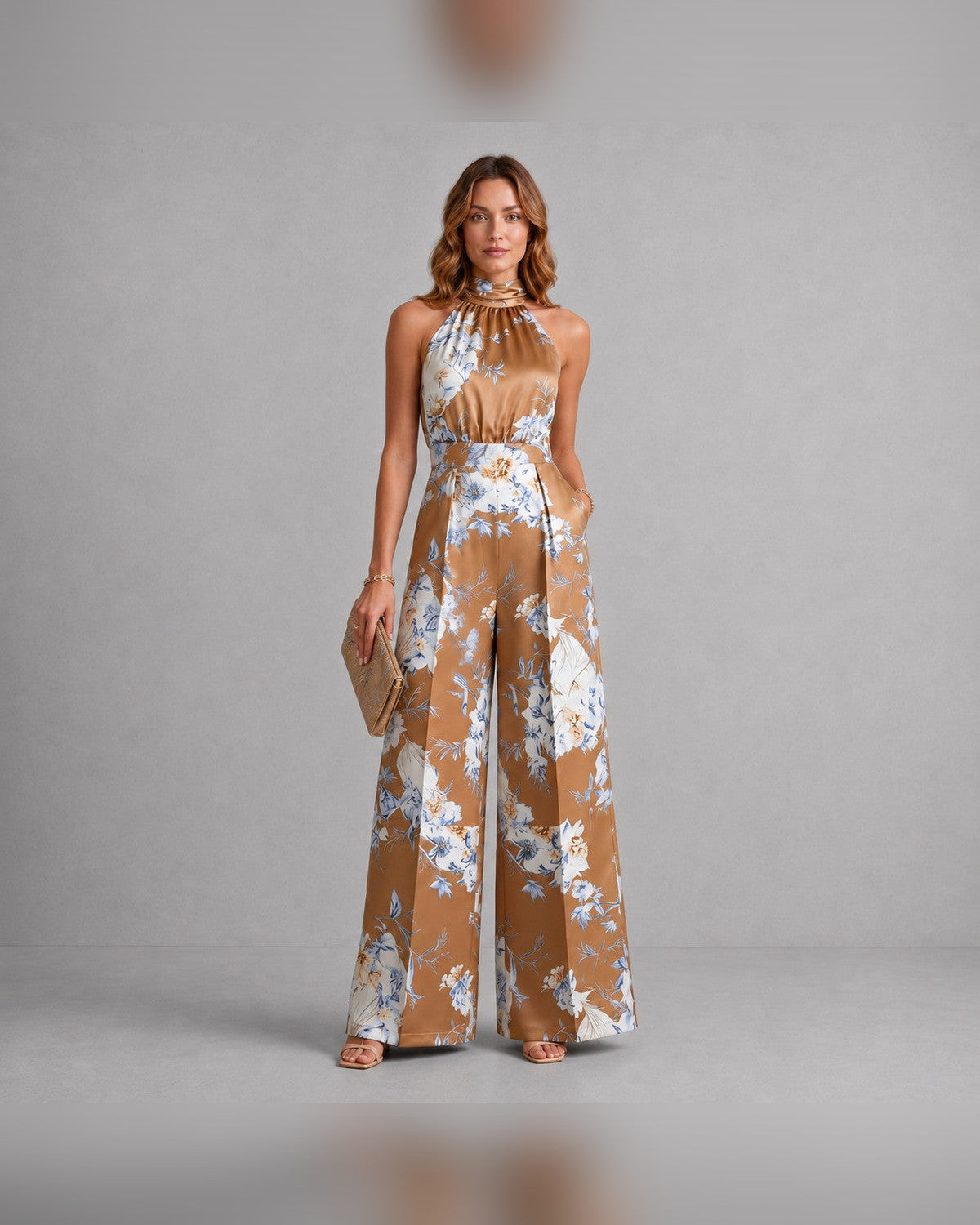 Pippa Floral Jumpsuit for Women - Halter Neck Wide-Leg Summer Jumpsuit - Camel