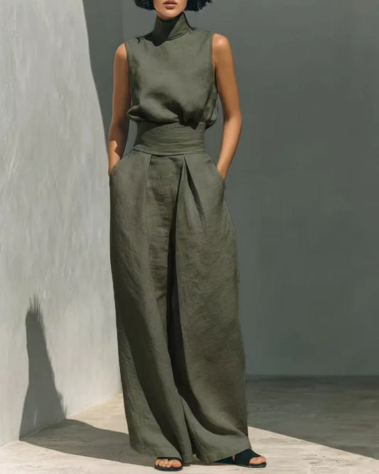 Anouk Sleeveless Linen Jumpsuit for Women - Wide Leg Casual Summer Jumpsuit - Military Green