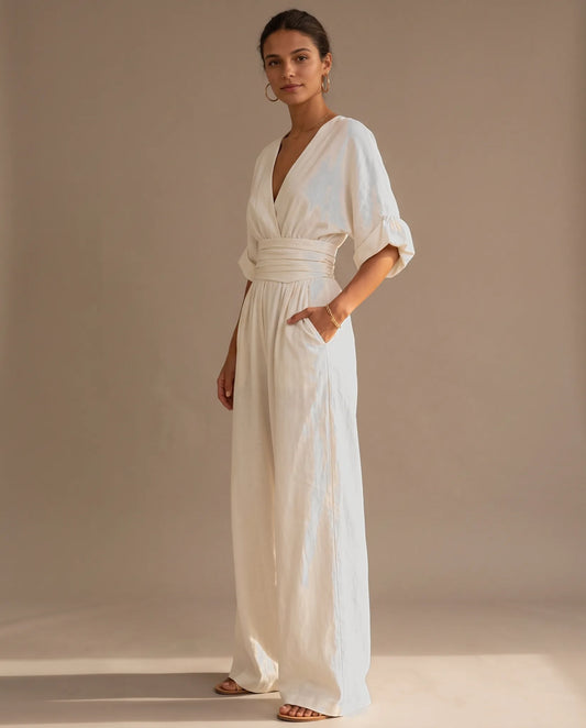 Alessia V-Neck Wide Leg Jumpsuit for Women - Summer Jumpsuit - White — three-quarter view
