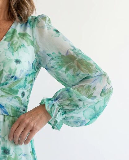 Althea Long Sleeve Maxi Dress for Women - Floral Summer Dress - Green — sleeve detail