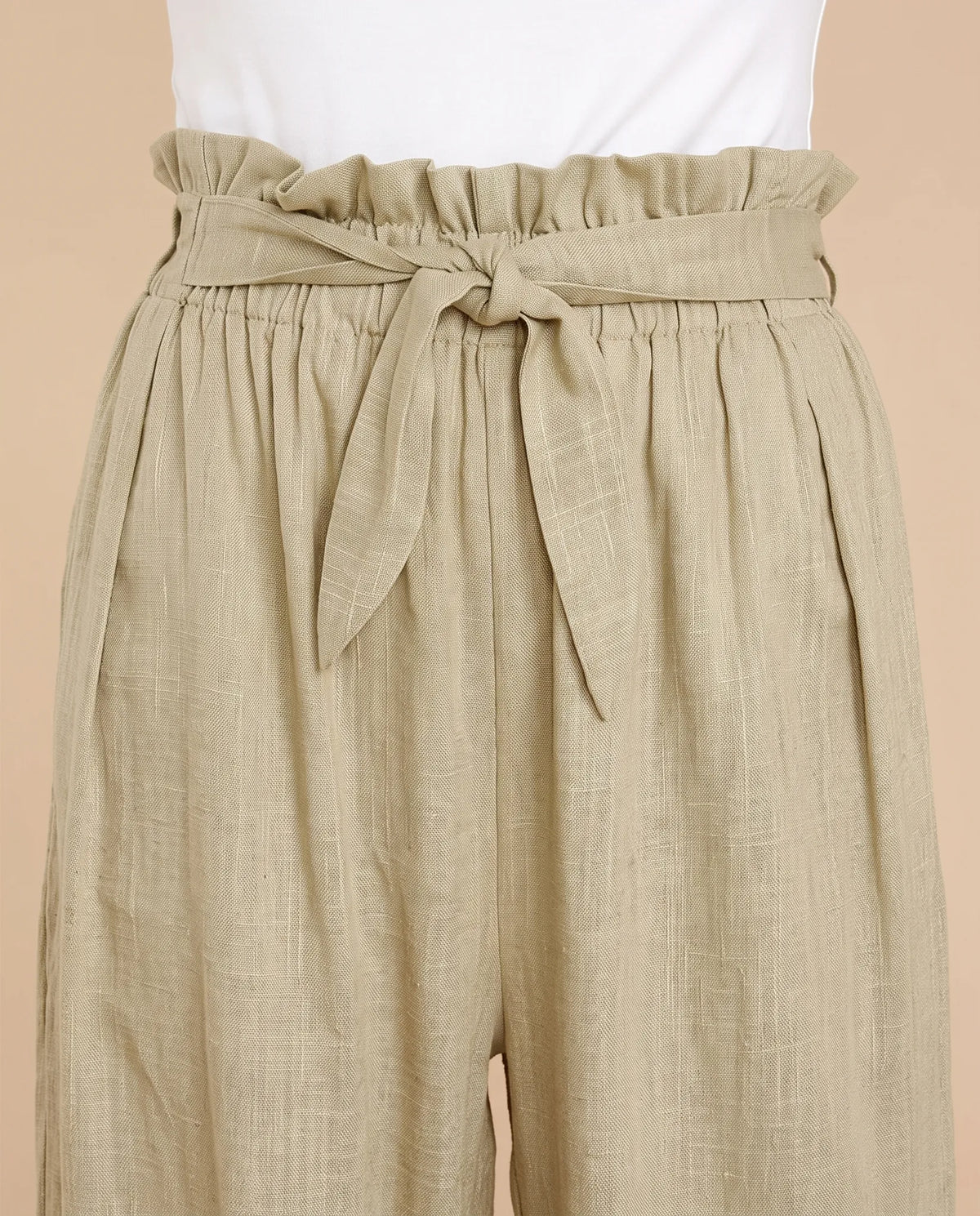 Celeste High Waisted Wide Leg Pants for Women - Belted Linen-Look Summer Pants - Khaki — paperbag waist and tie detail