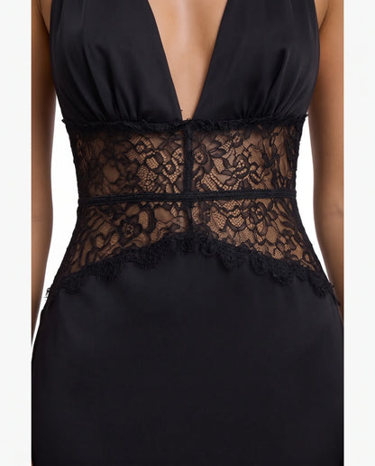 Florence Halter Neck Maxi Dress for Women - Backless Lace Waistband Summer Dress - Black — lace waistband detail