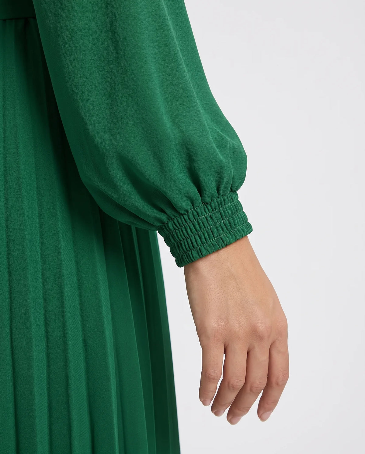Henrietta Long Sleeve Midi Dress for Women - Pleated Summer Dress - Green — sleeve cuff detail