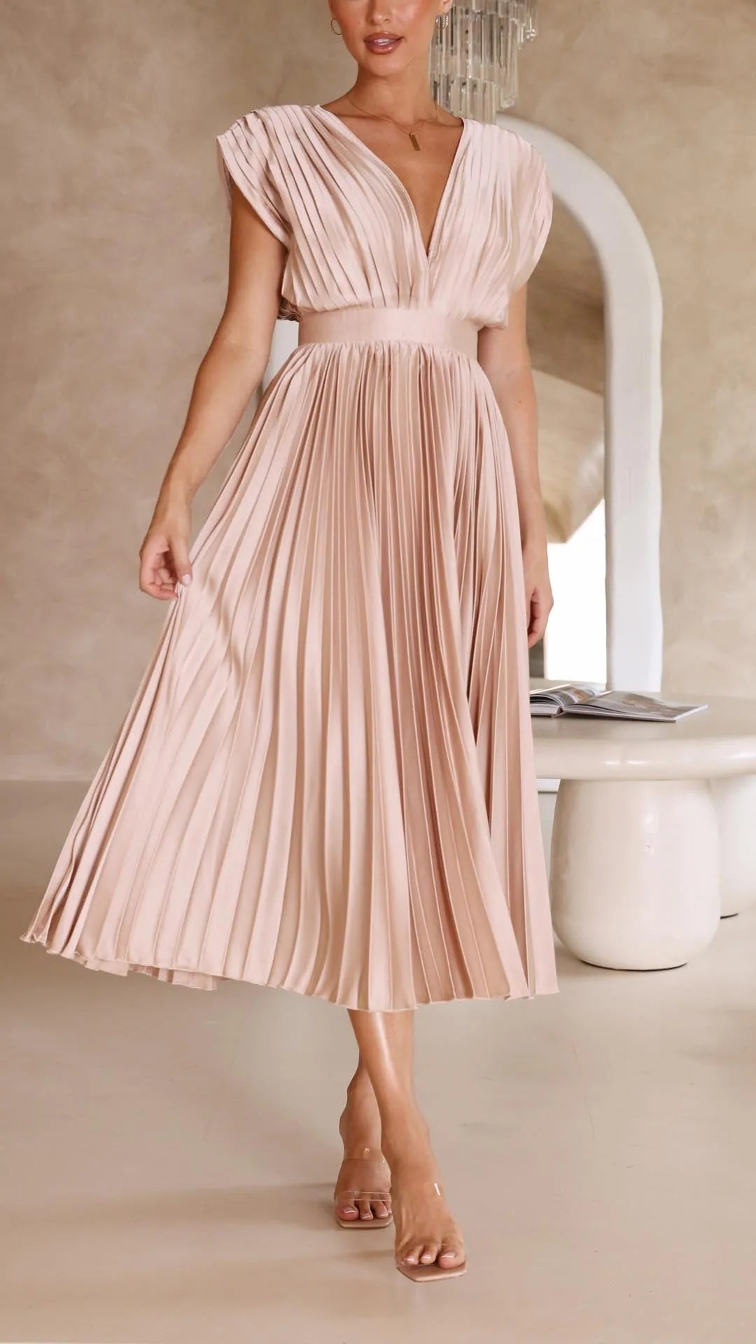 Ludivine Pleated Satin Maxi Dress — front angle
