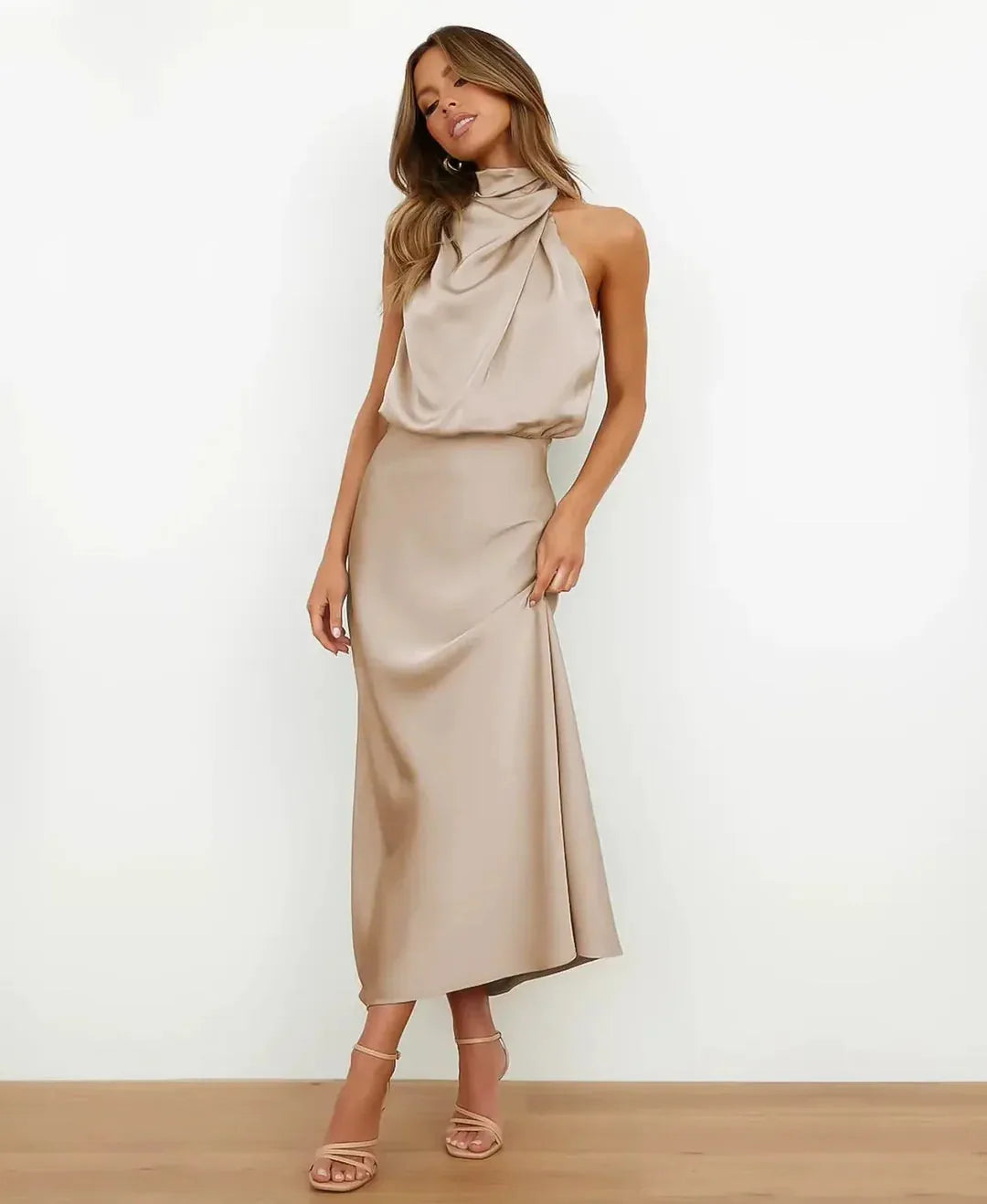 Marthe Halter Neck Satin Midi Dress — front angle