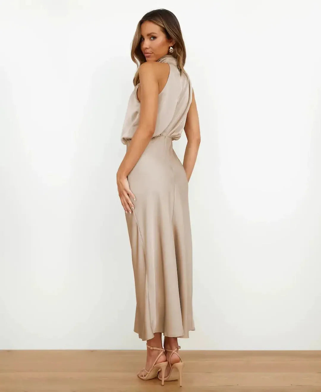 Marthe Halter Neck Satin Midi Dress — back detail