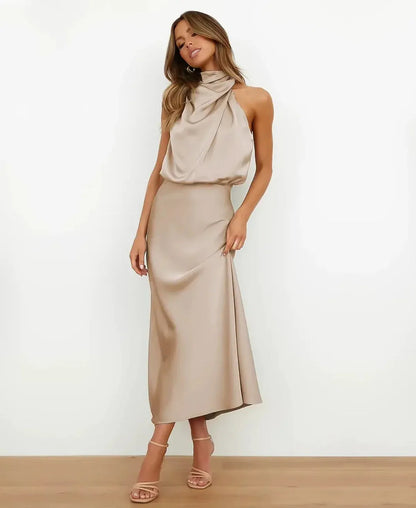 Marthe Halter Neck Satin Midi Dress — full length