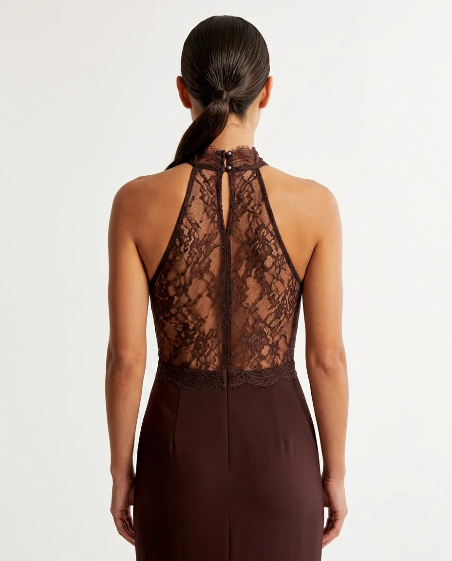 Veronique Halter Neck Maxi Dress for Women - Lace Panel Column Summer Dress - Espresso Brown — lace back detail