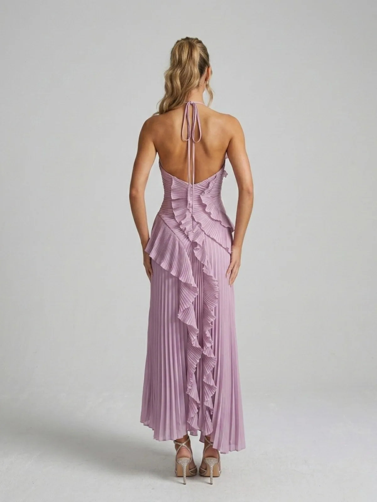 Giselle Pleated Ruffle Halterneck Maxi Dress — back, open back and halter tie