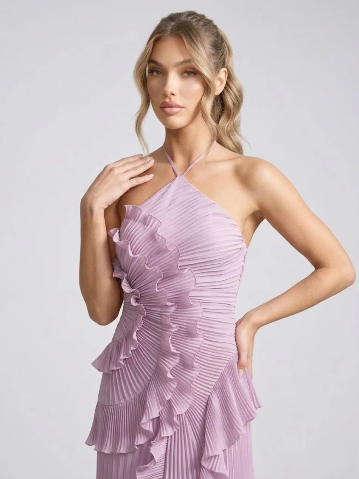 Giselle Pleated Ruffle Halterneck Maxi Dress — bodice and ruffle detail