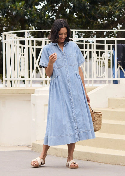 Lorelei Denim Shirt Dress — front, three-quarter