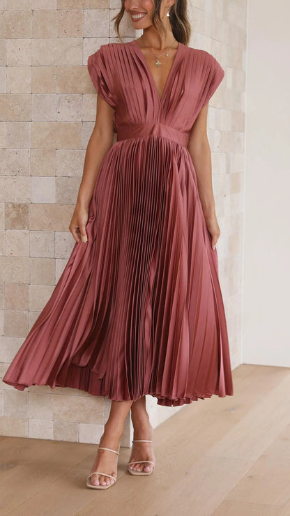 Tamsin Pleated V Neck Midi Dress — front