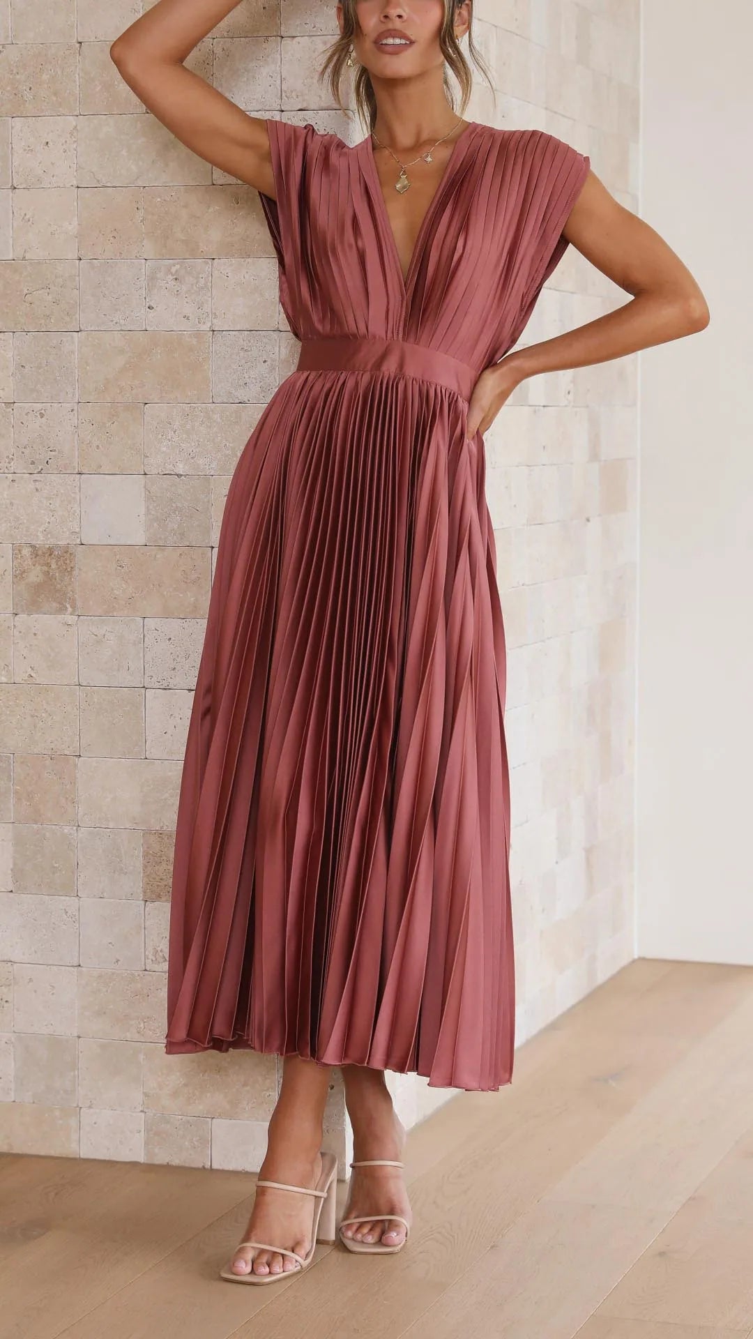 Tamsin Pleated V Neck Midi Dress — front, close