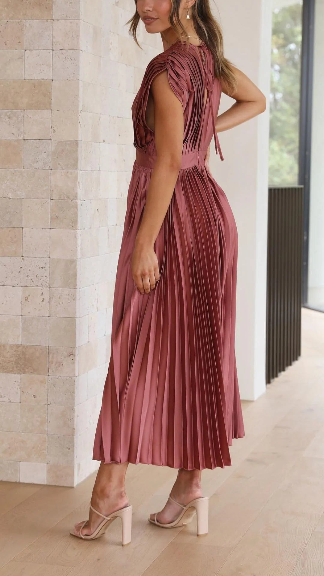 Tamsin Pleated V Neck Midi Dress — back, three-quarter
