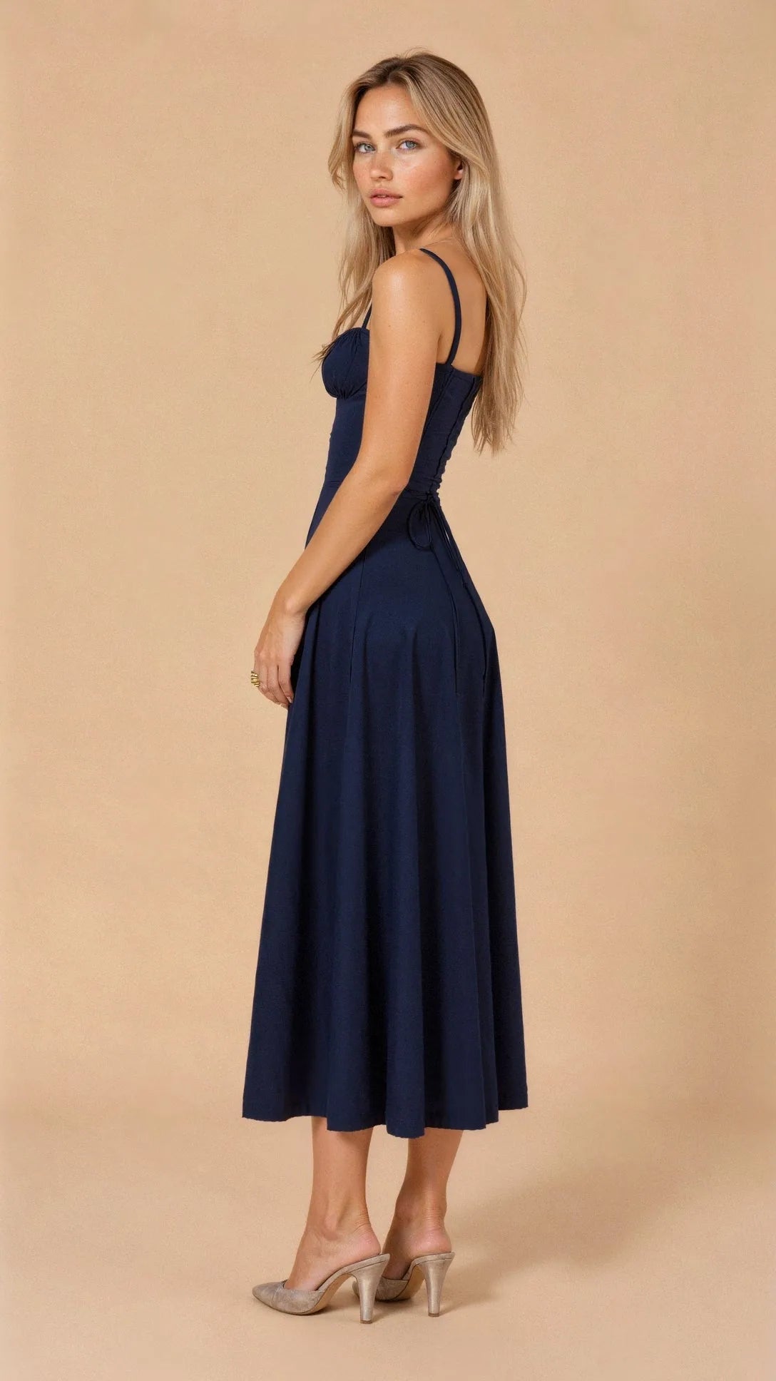 Francine Corset Bodice Midi Dress – Navy – side