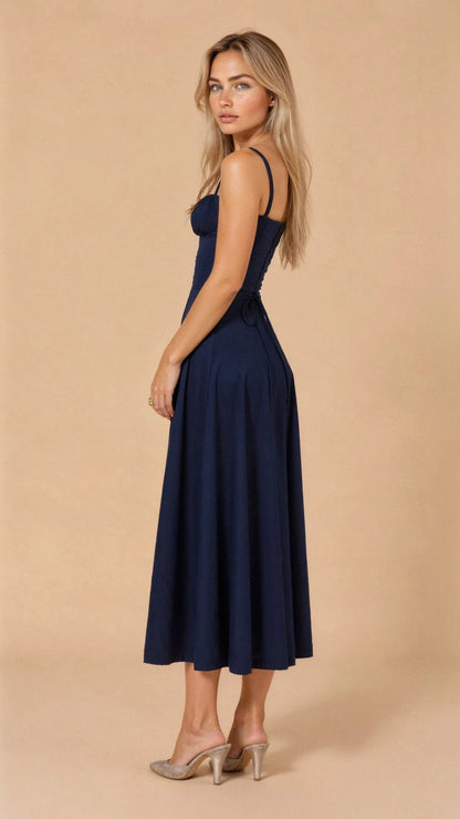 Francine Corset Bodice Midi Dress – Navy – side