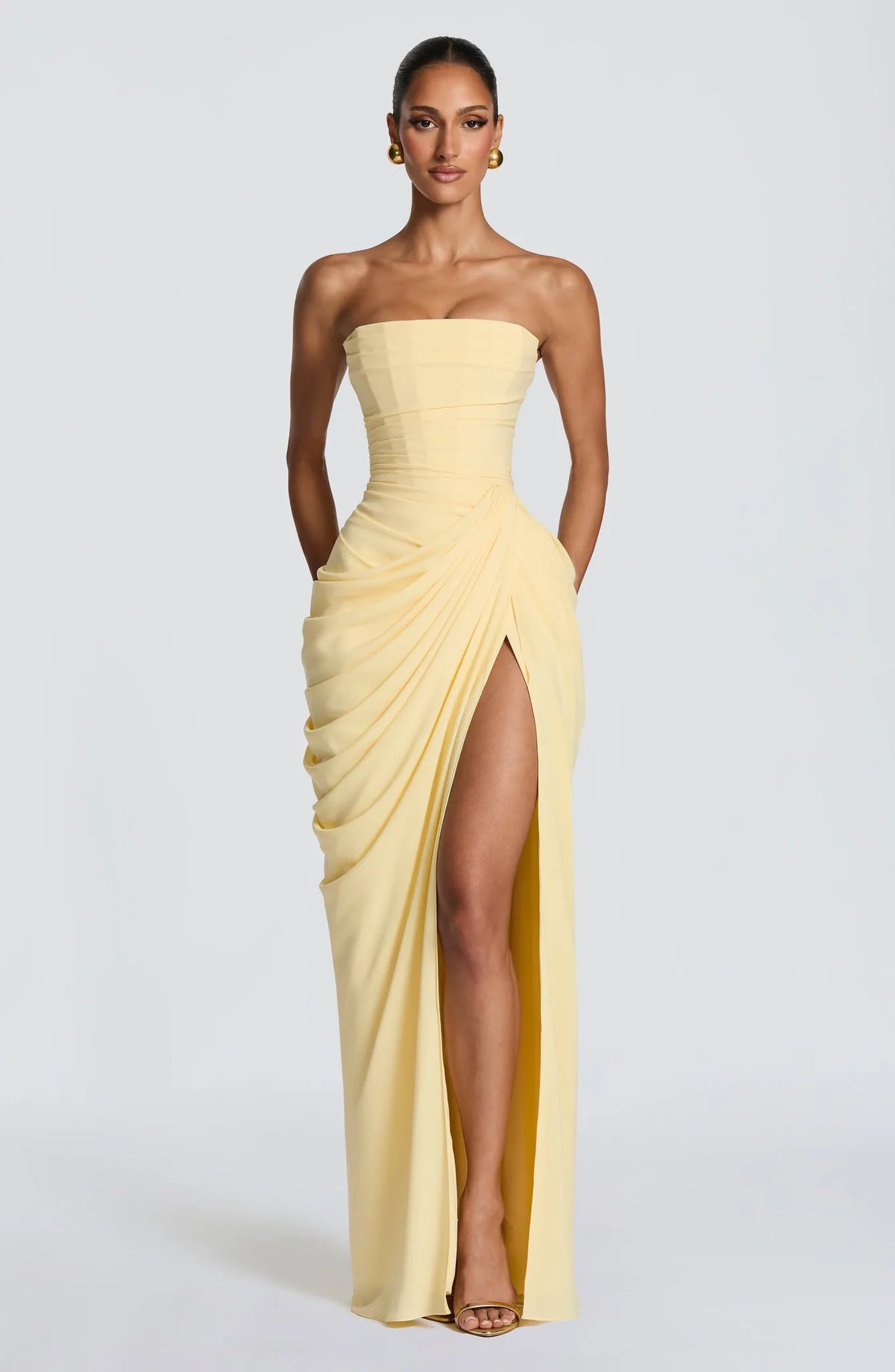 Letitia Strapless Corset Maxi Dress – Yellow – front