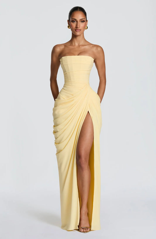 Letitia Strapless Corset Maxi Dress – Yellow – front