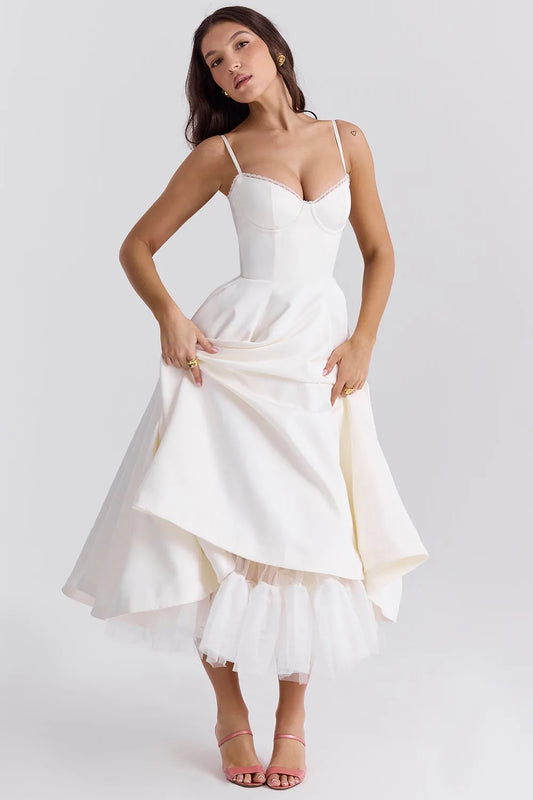 Violaine Corset Tulle Midi Dress – White – side