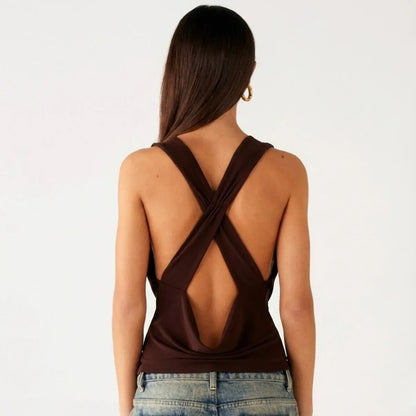 Ophelie Draped Cowl Neck Top – Dark Brown – back, criss-cross straps