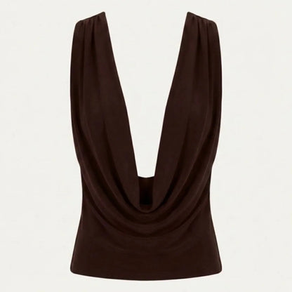 Ophelie Draped Cowl Neck Top – Dark Brown – front, flat