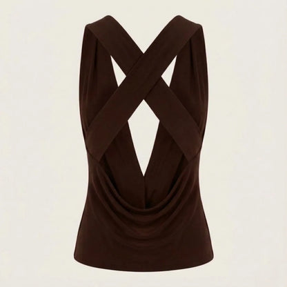 Ophelie Draped Cowl Neck Top – Dark Brown – back, flat