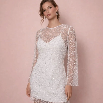 Gaetane Sequin Mesh Mini Dress – White – front, 3/4 pose