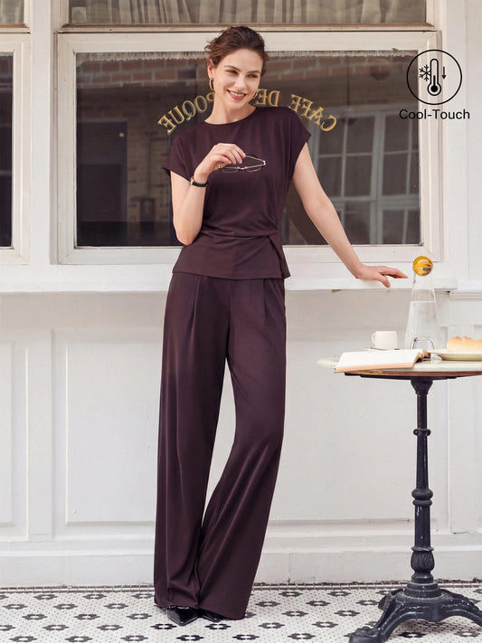 Aoife Tucked Top & Wide Leg Trouser Set – Purple – front, on location