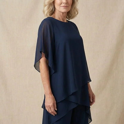 Grainne Draped Top & Palazzo Set – Navy – front, close