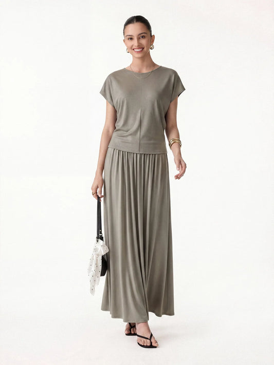 Gunhild Round Neck Top & Maxi Skirt Set – Beige – front, flat lay