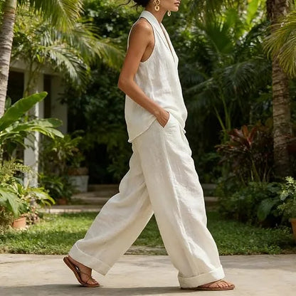 Niamh Linen-Texture Halter Set – White – front, walking, garden